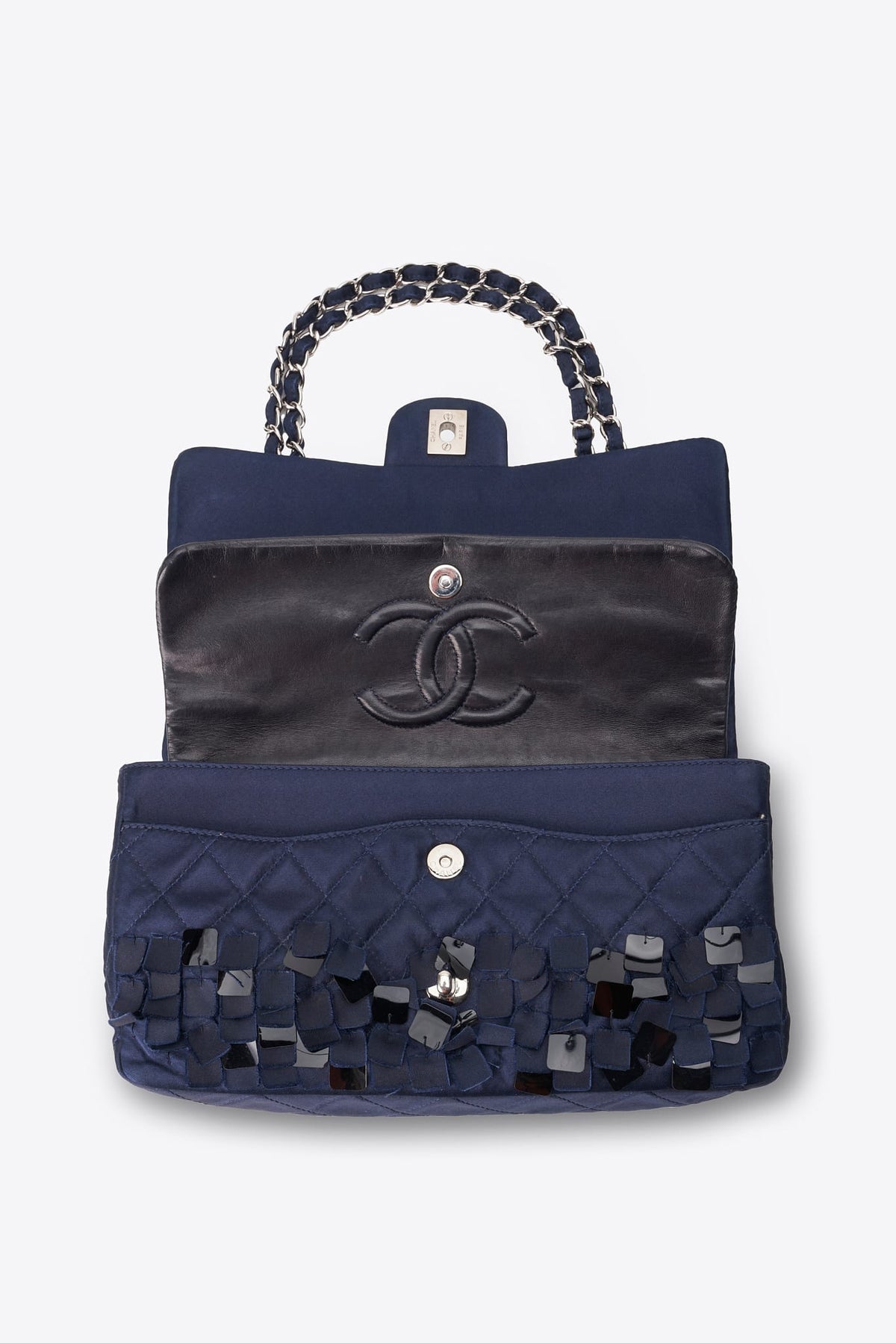 Vintage Chanel Navy Silk Sequin Double Flap Bag