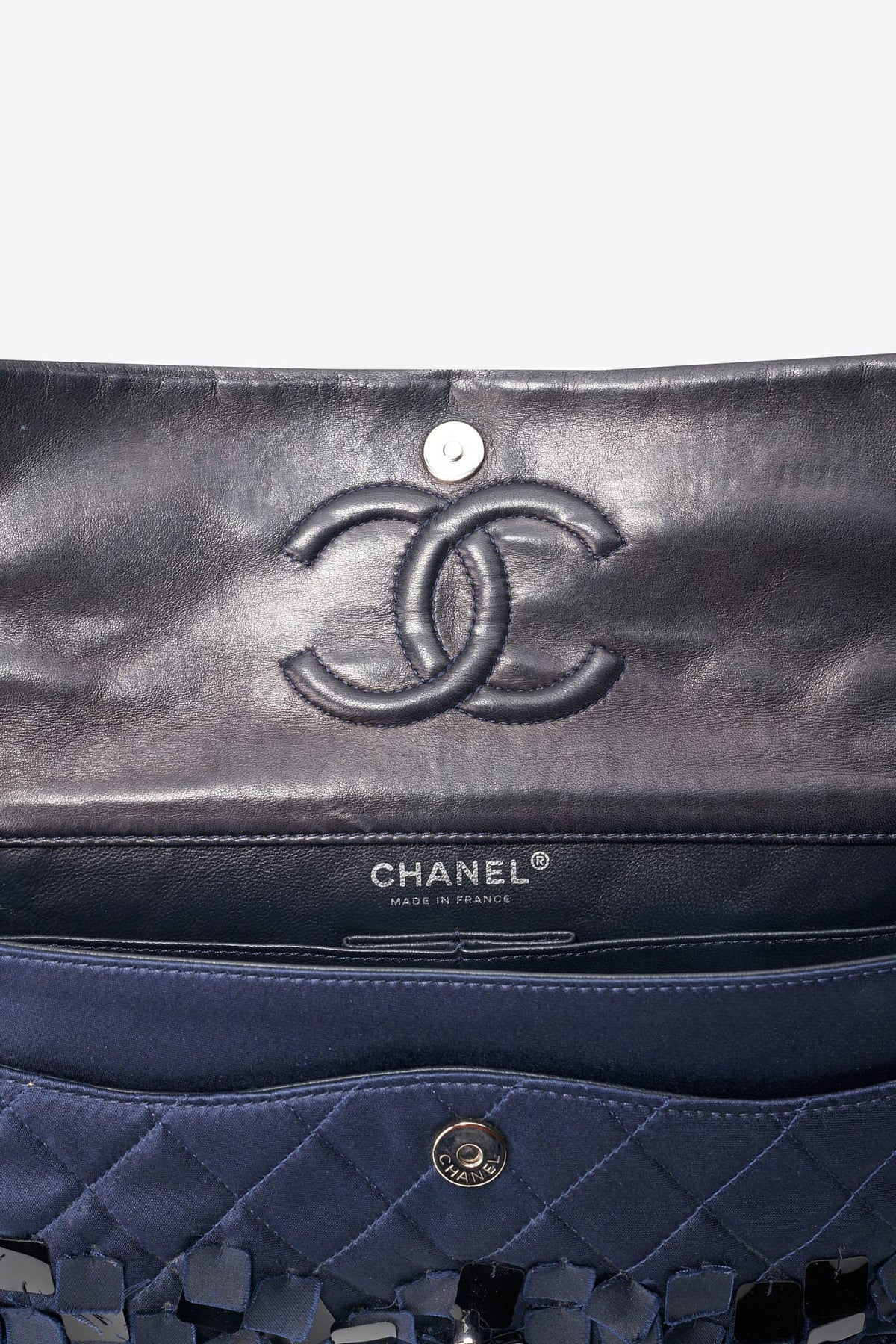 Vintage Chanel Navy Silk Sequin Double Flap Bag