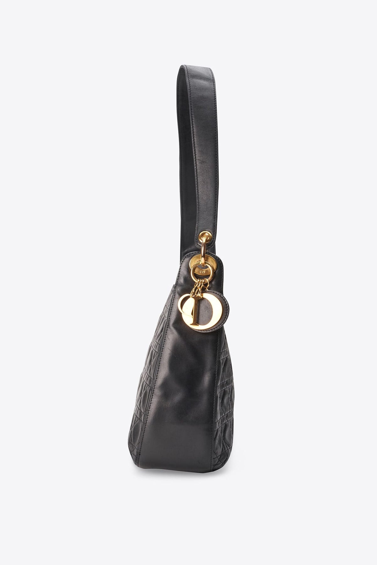 Vintage Dior Black Leather Cannage Shoulder Bag with Gold Dior Charms
