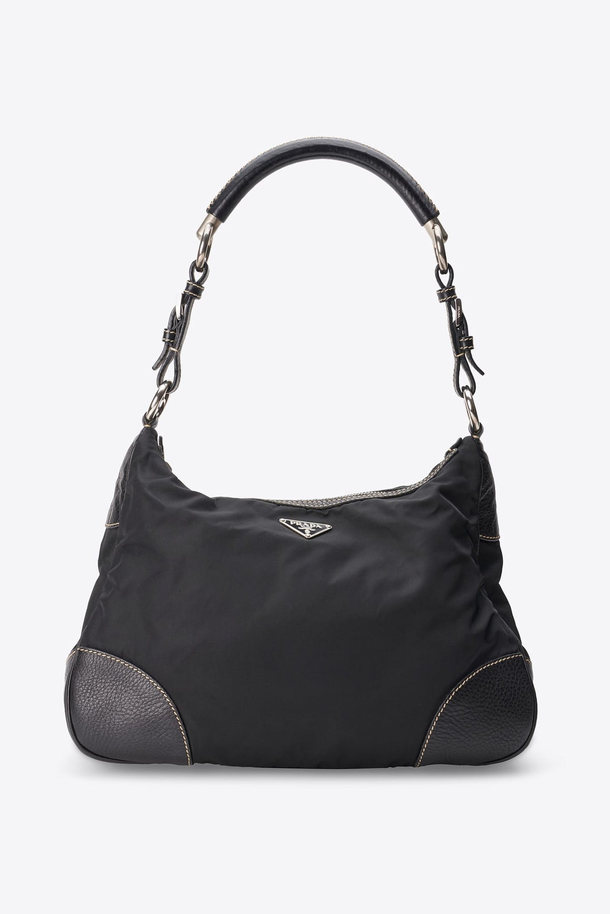 Vintage Prada Black Nylon Shoulder Bag with Contrast Stitching