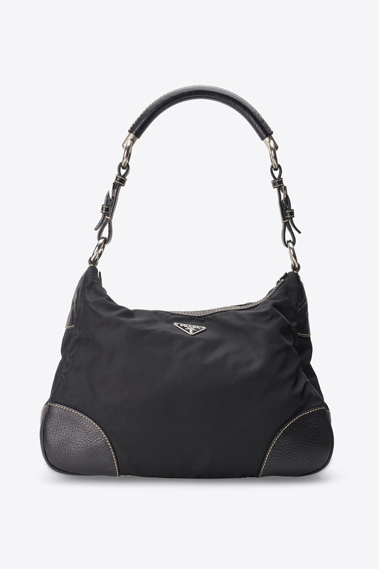 Vintage Prada Black Nylon Shoulder Bag with Contrast Stitching