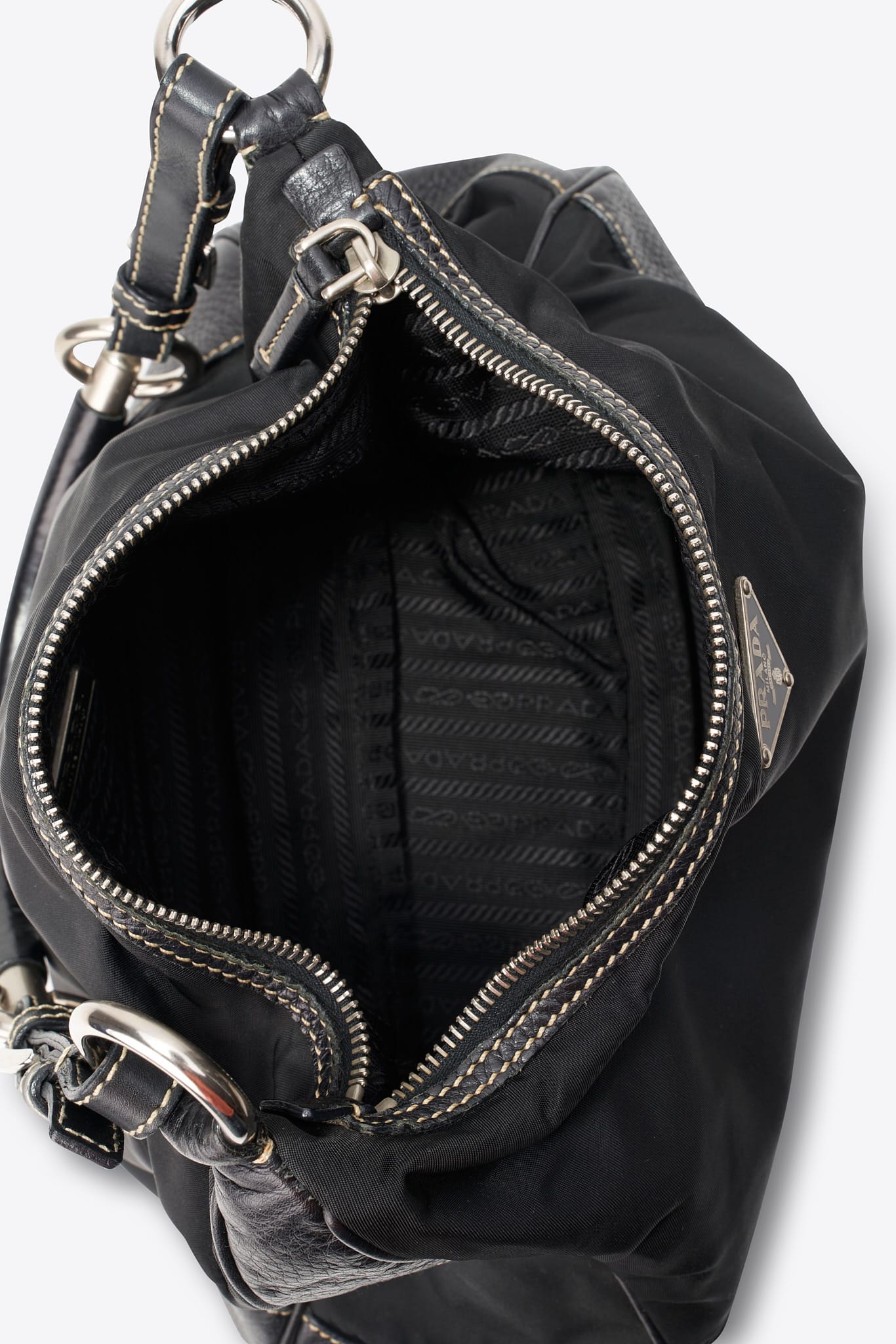 Vintage Prada Black Nylon Shoulder Bag with Contrast Stitching