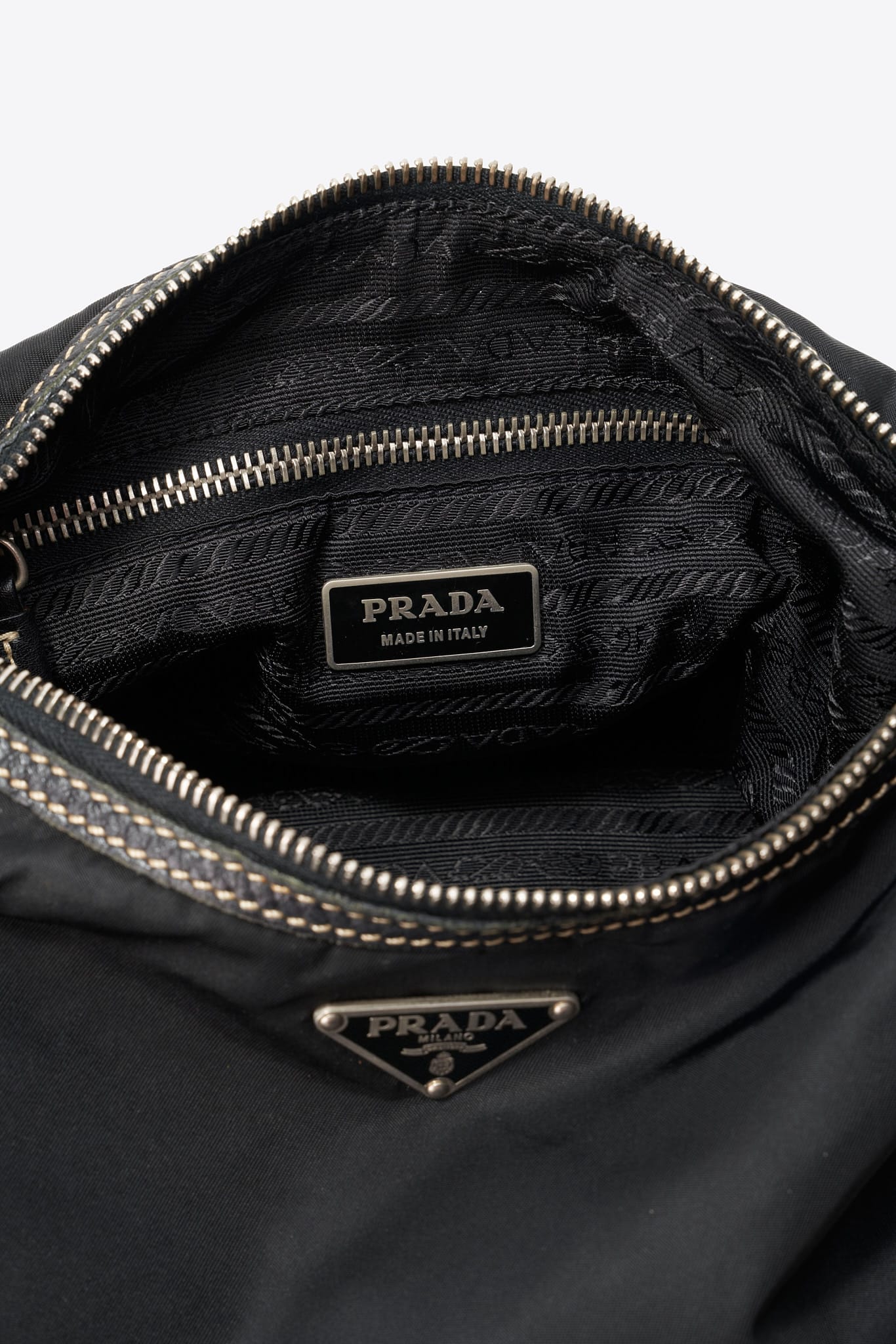 Vintage Prada Black Nylon Shoulder Bag with Contrast Stitching