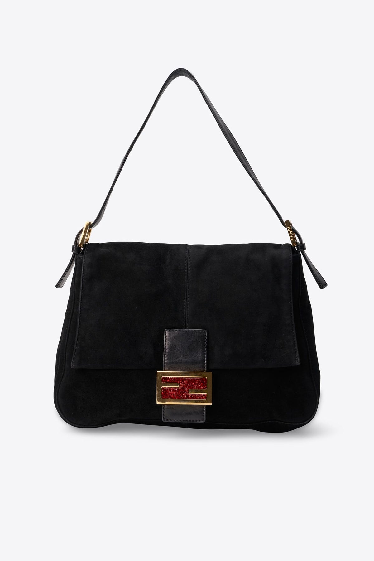 Vintage Fendi Black Suede Mamma Baguette Bag with Red Glitter FF Clasp