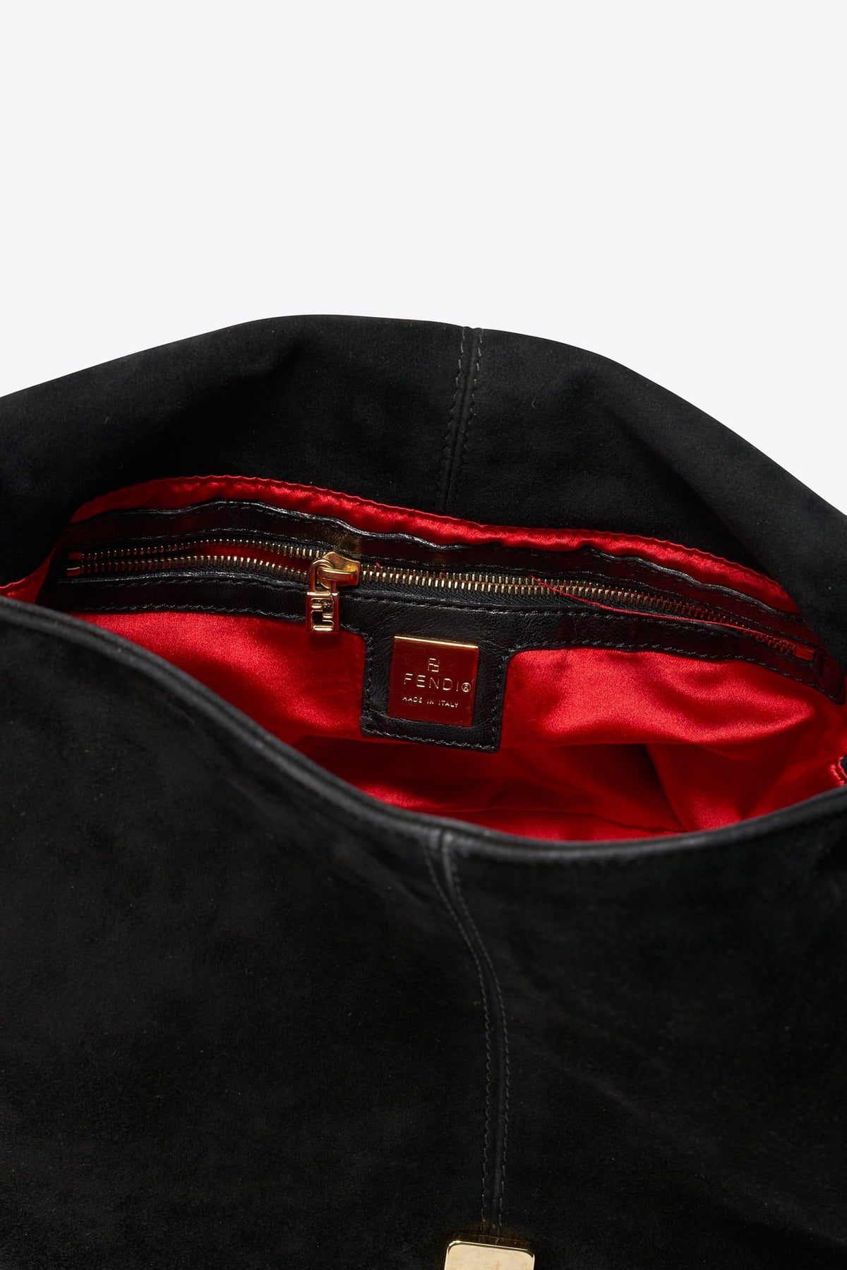 Vintage Fendi Black Suede Mamma Baguette Bag with Red Glitter FF Clasp