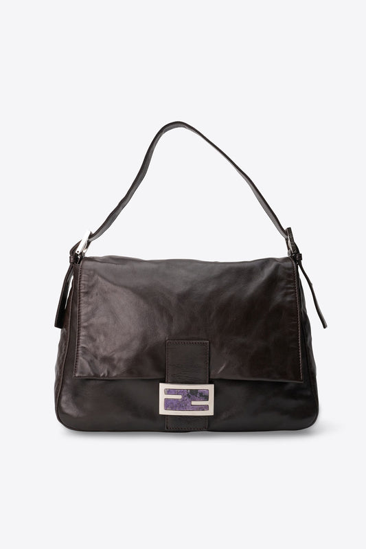 Vintage Fendi Brown Leather Mamma Baguette Bag with Purple FF Clasp