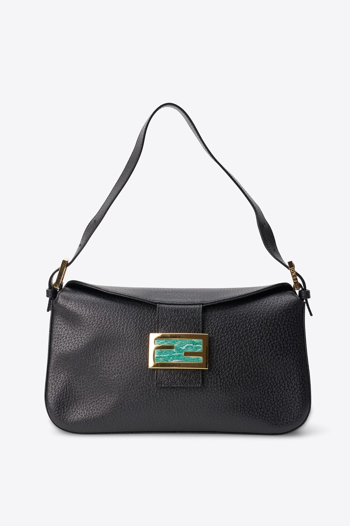 Vintage Fendi Black Leather Baguette with Turquoise FF Clasp