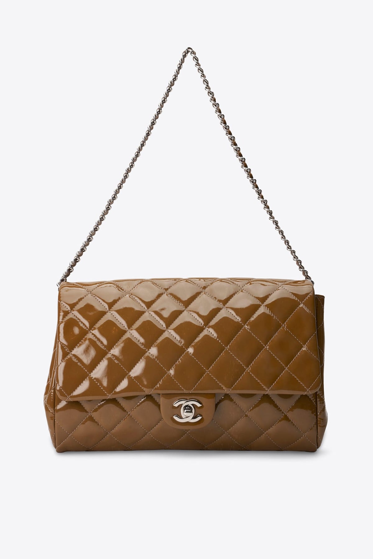 Vintage Chanel Olive Green Quilted Patent Leather Flap Shoulder Bag 2011