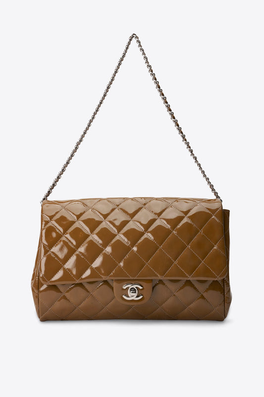 Vintage Chanel Olive Green Quilted Patent Leather Flap Shoulder Bag 2011