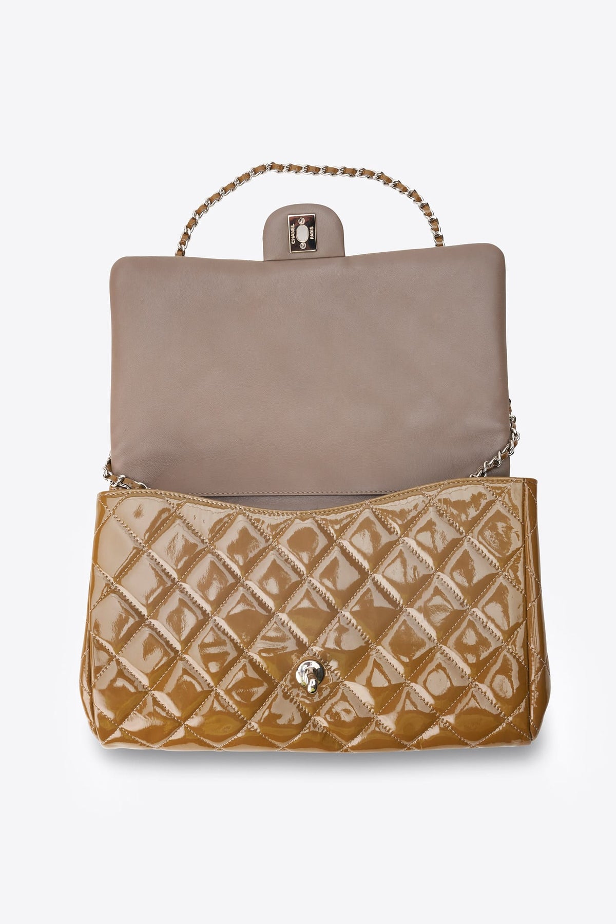 Vintage Chanel Olive Green Quilted Patent Leather Flap Shoulder Bag 2011