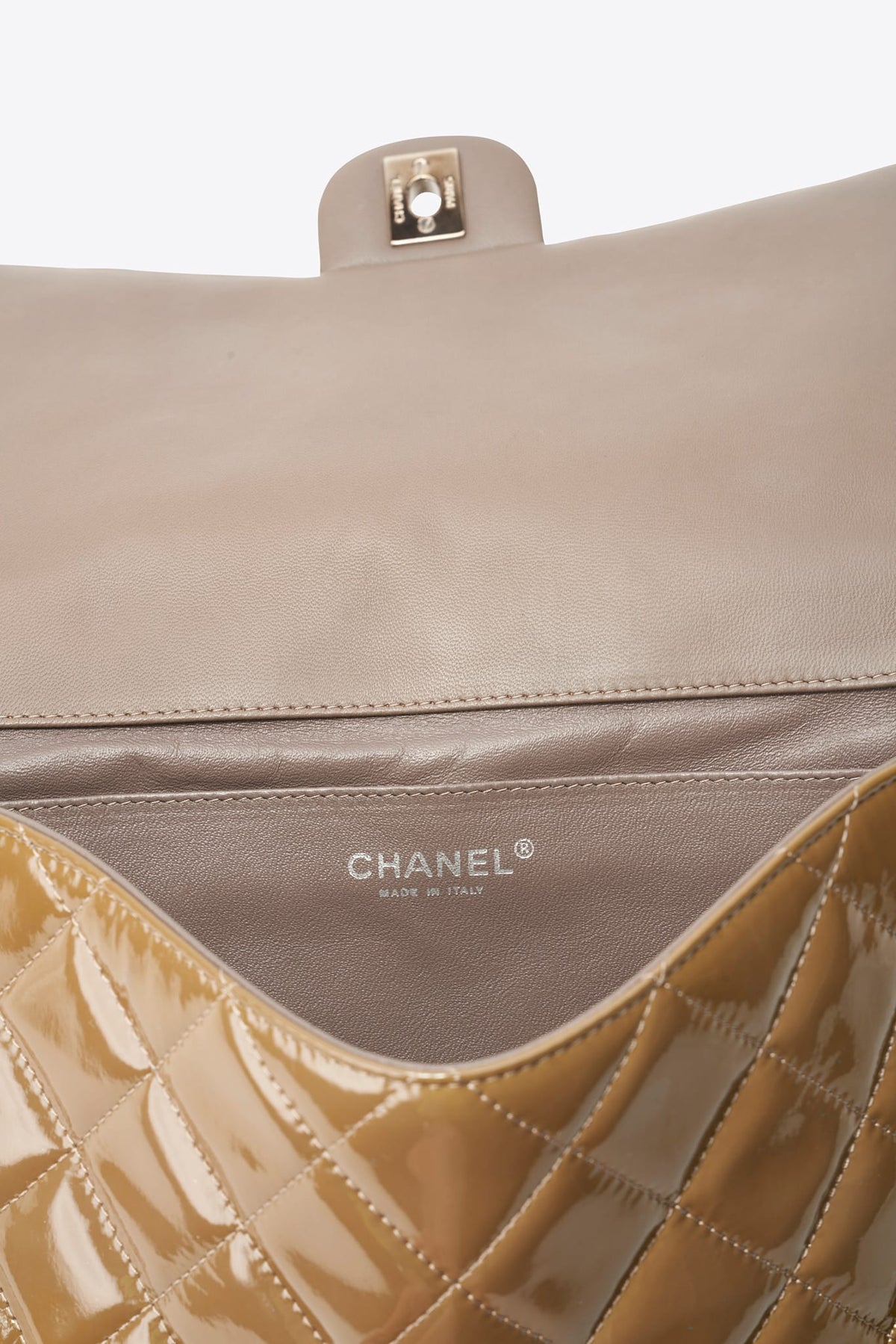 Vintage Chanel Olive Green Quilted Patent Leather Flap Shoulder Bag 2011