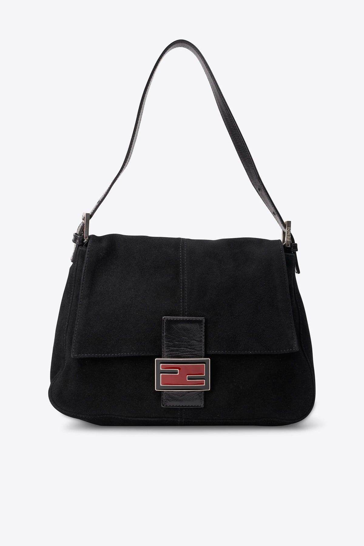 Vintage Fendi Black Suede Mamma Baguette Bag with Red Silver FF Clasp
