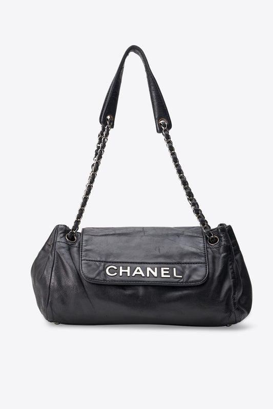 Vintage Chanel Black Leather Accordion Logo Shoulder Bag 2005–2006