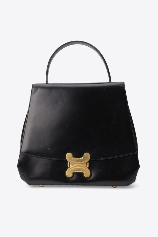 Vintage Celine Black Leather Triomphe Clasp Top Handle Bag