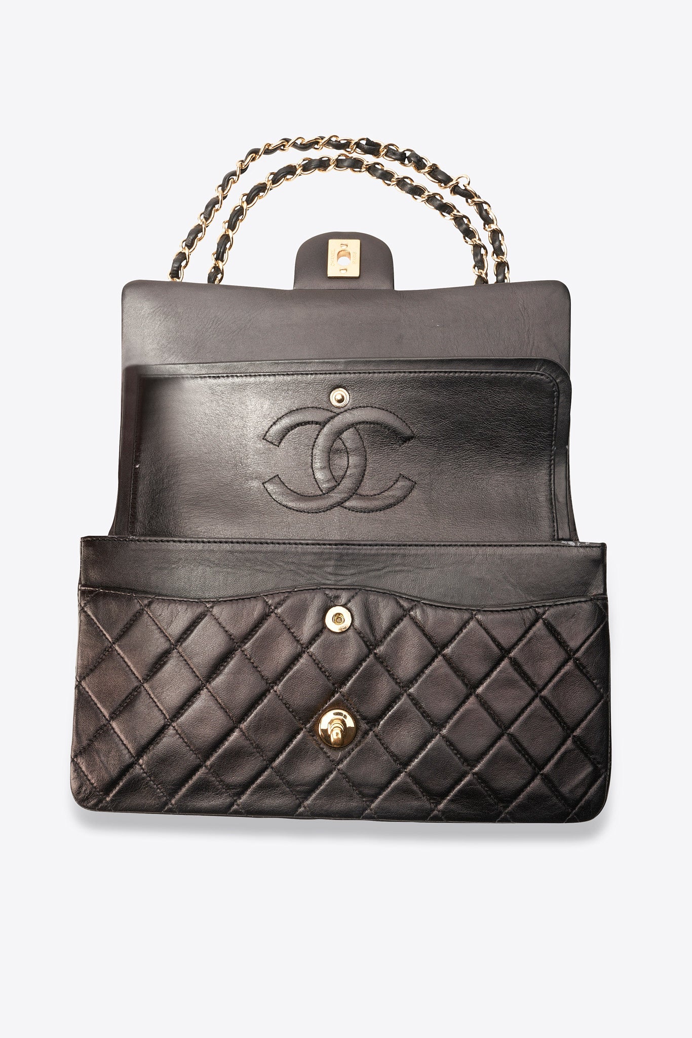 Vintage Chanel Medium Double Flap Bag Black Quilted Leather with 24k Gold Plated Hardware