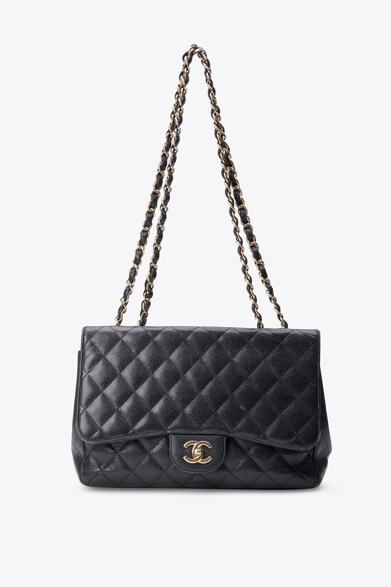Chanel Classic Flap Bag in Black Caviar Leather with Gold Tone Hardware