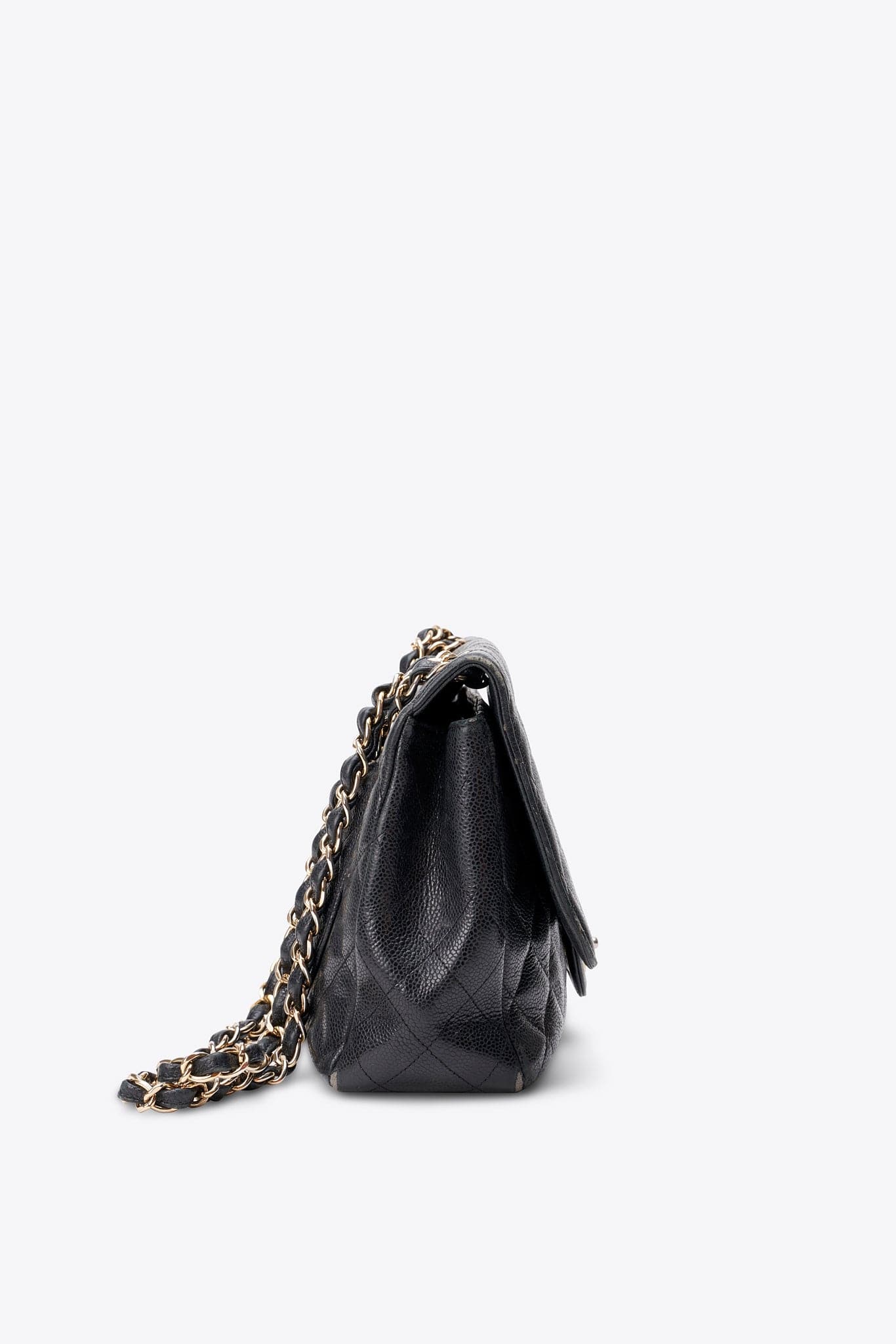 Chanel Classic Flap Bag in Black Caviar Leather with Gold Tone Hardware