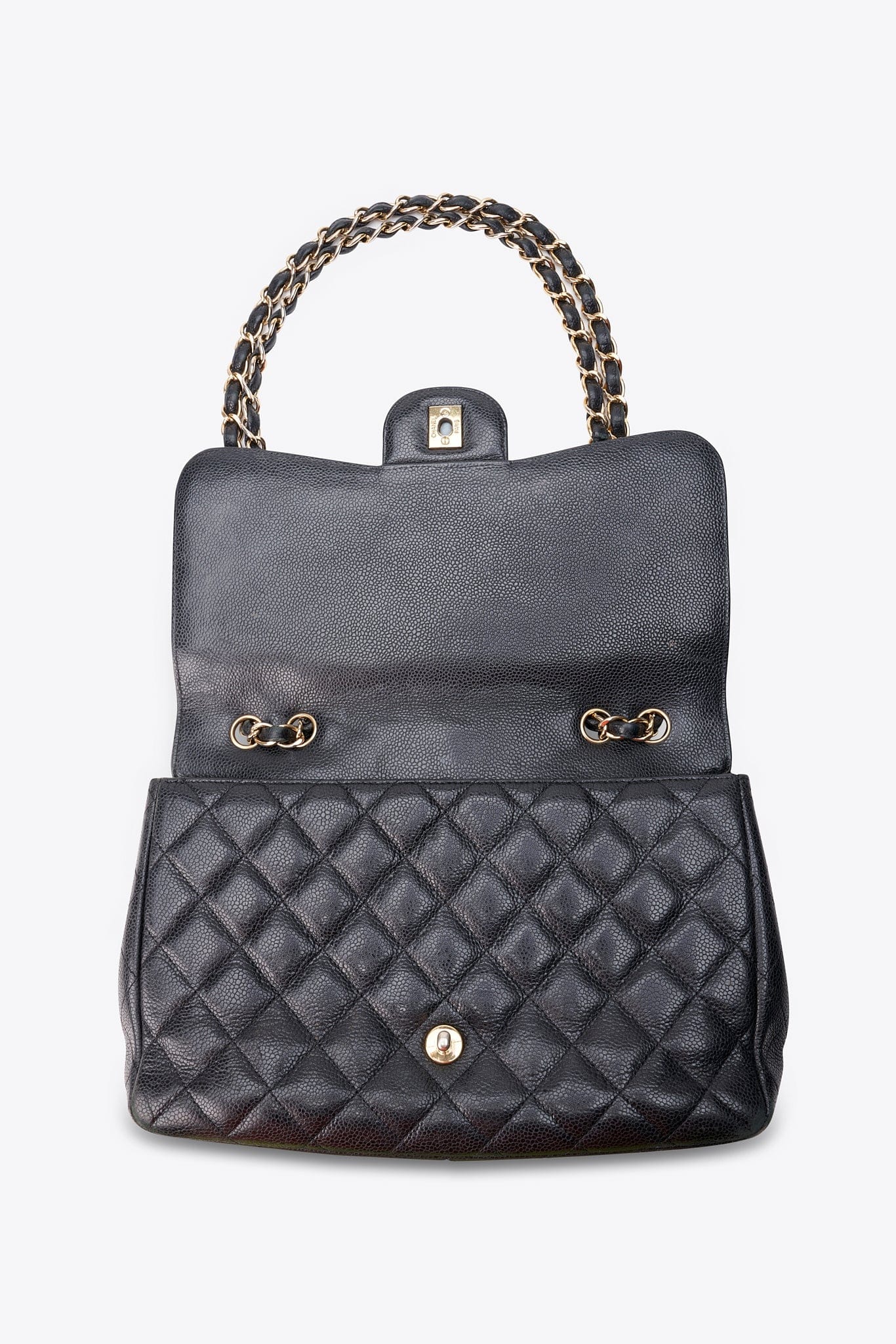 Chanel Classic Flap Bag in Black Caviar Leather with Gold Tone Hardware