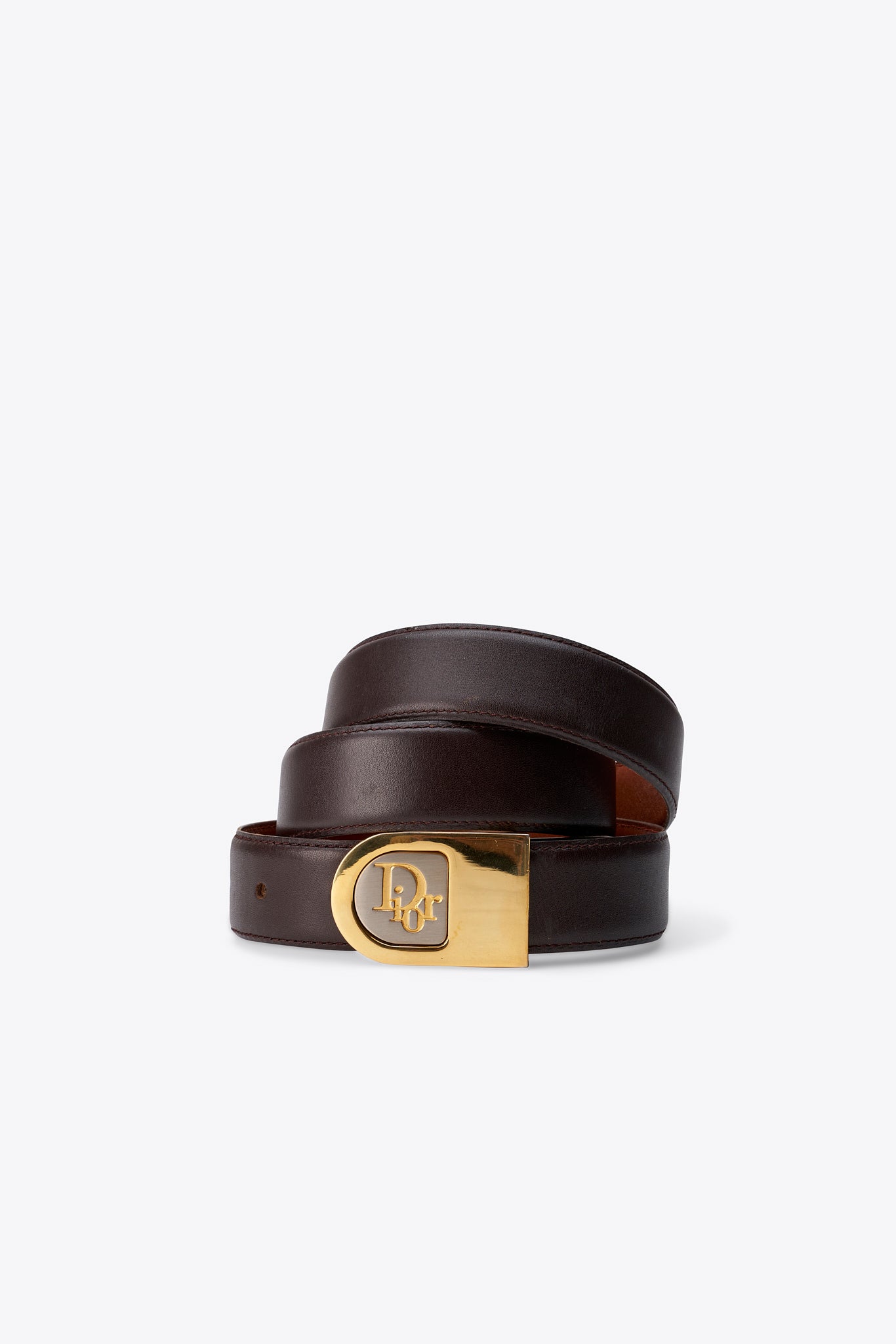 Vintage Christian Dior Brown Leather Belt with Gold Tone Logo Buckle
