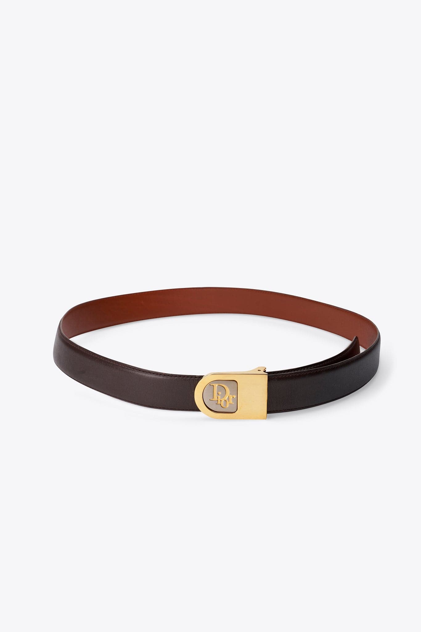 Vintage Christian Dior Brown Leather Belt with Gold Tone Logo Buckle