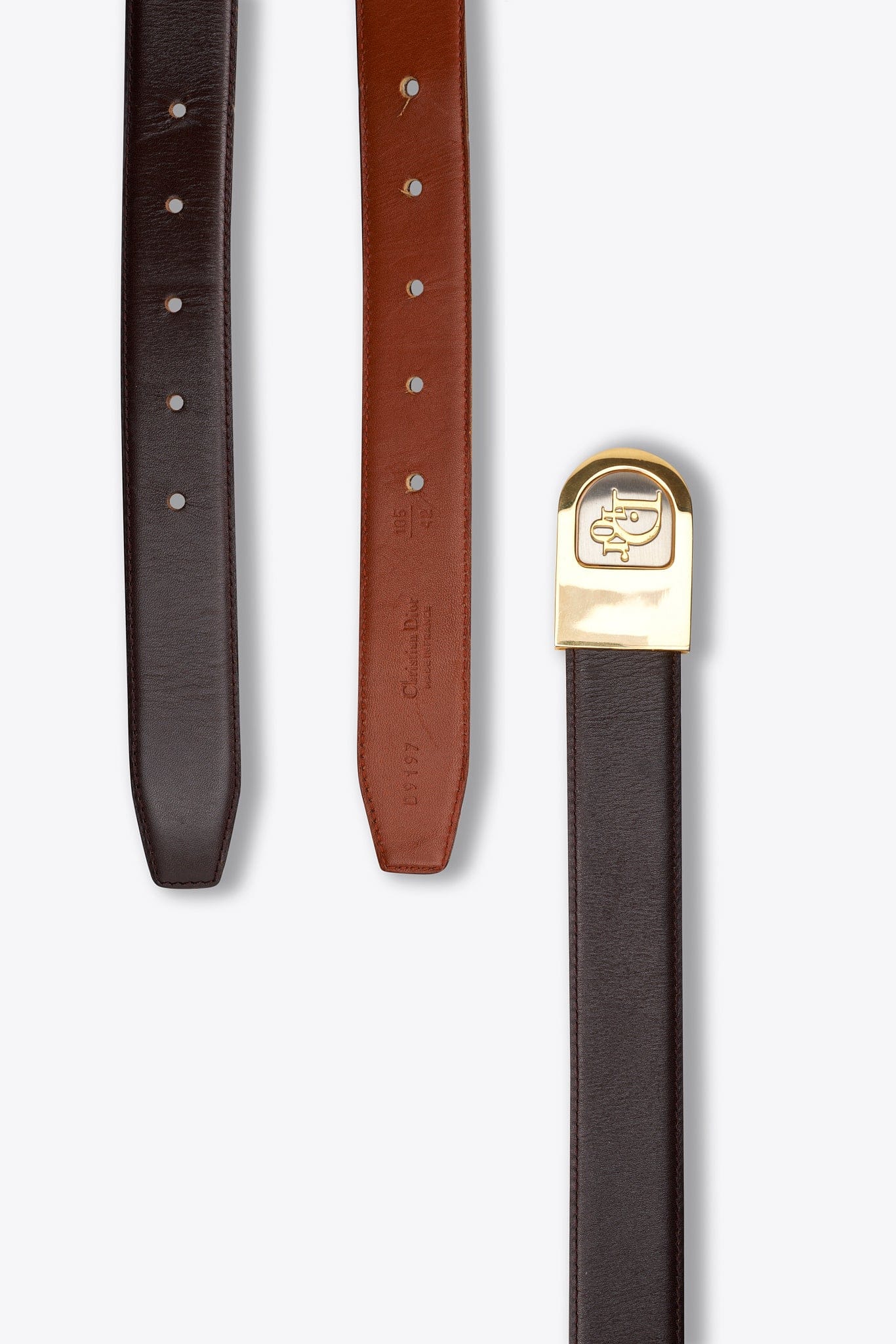Vintage Christian Dior Brown Leather Belt with Gold Tone Logo Buckle