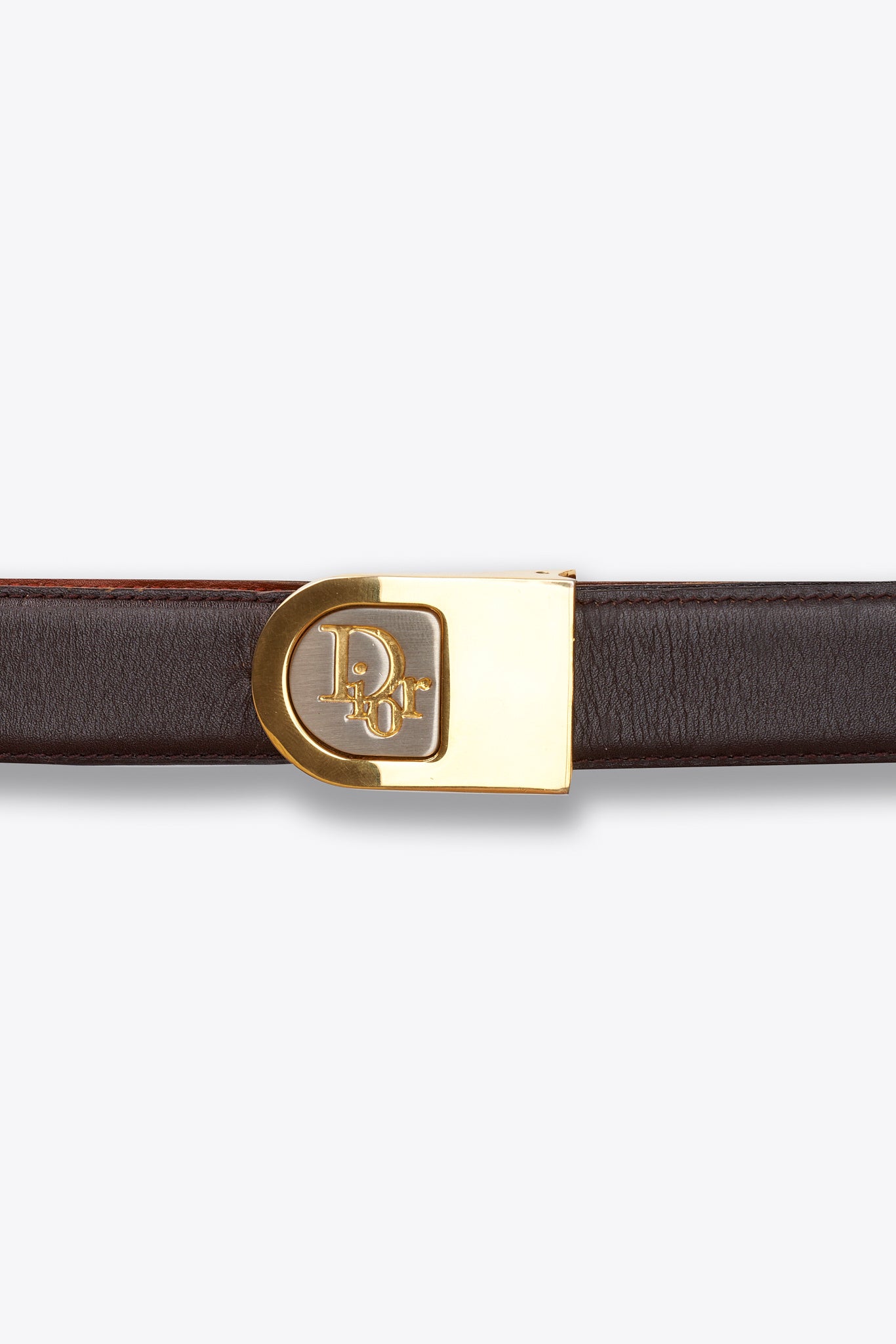 Vintage Christian Dior Brown Leather Belt with Gold Tone Logo Buckle