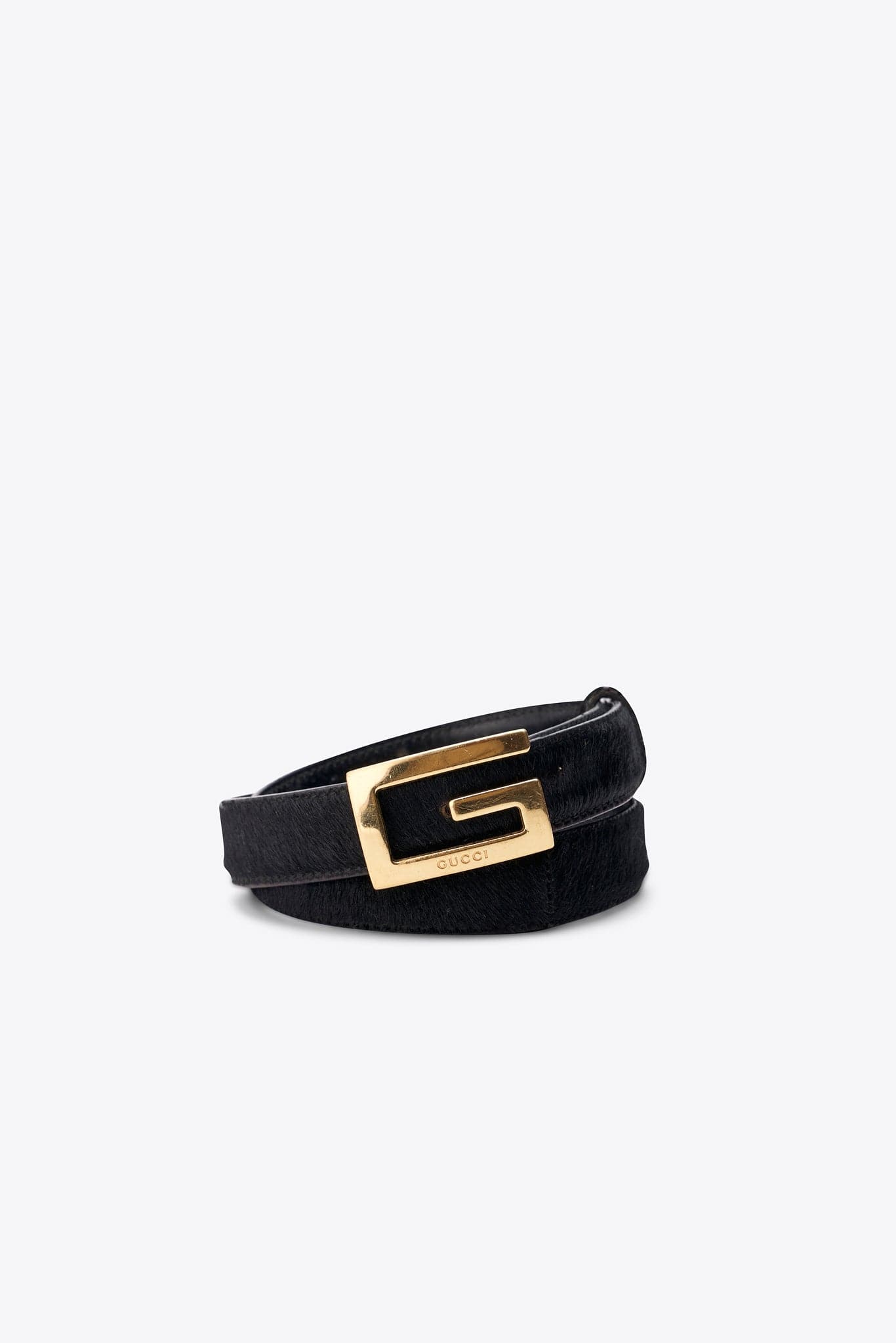 Vintage Gucci Black Calf Hair Belt with Gold Tone G Buckle