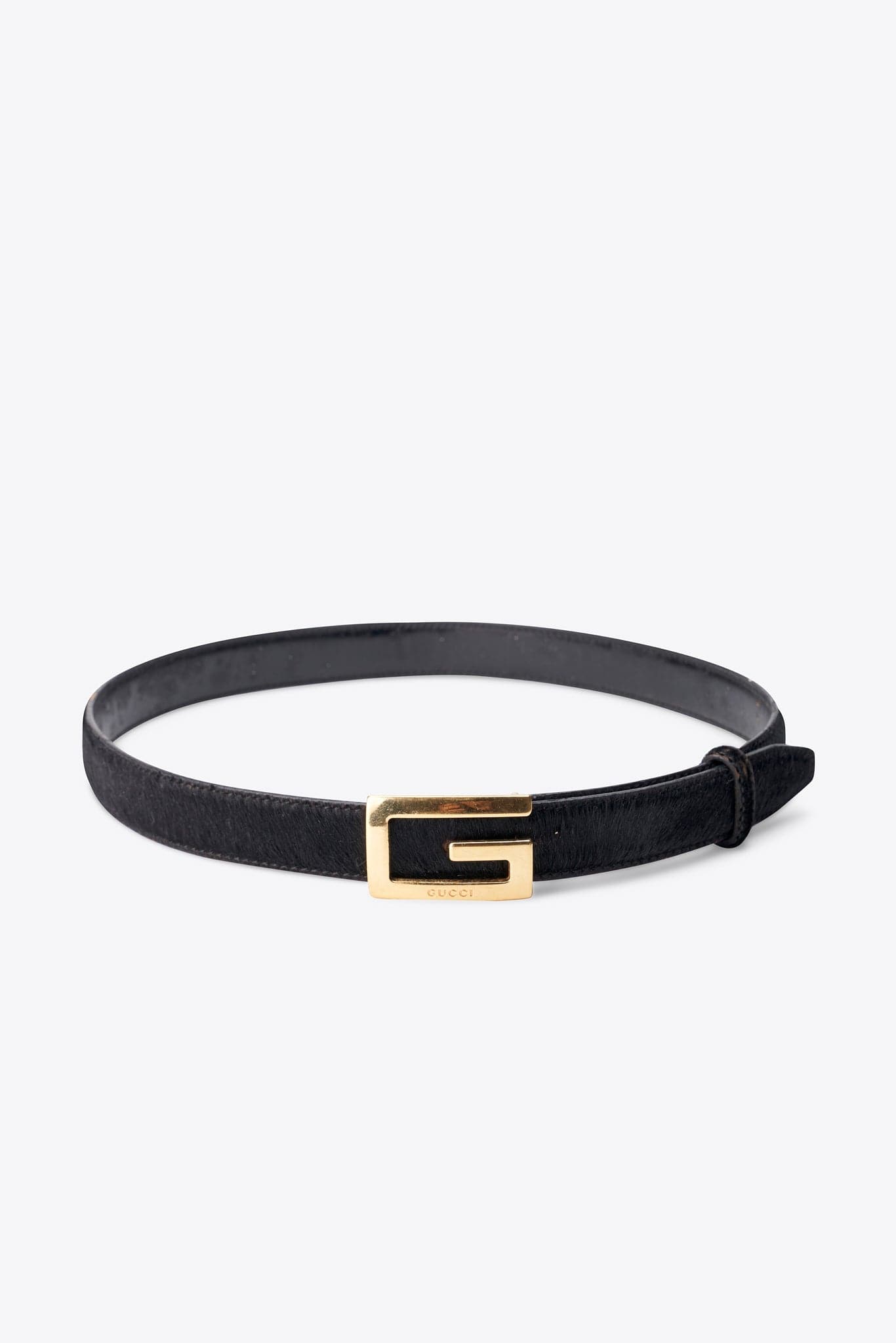 Vintage Gucci Black Calf Hair Belt with Gold Tone G Buckle