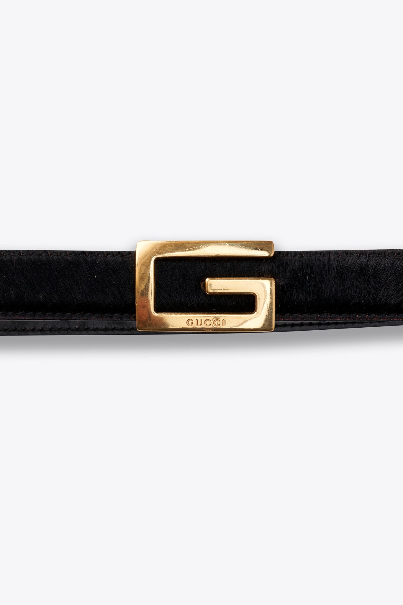 Vintage Gucci Black Calf Hair Belt with Gold Tone G Buckle