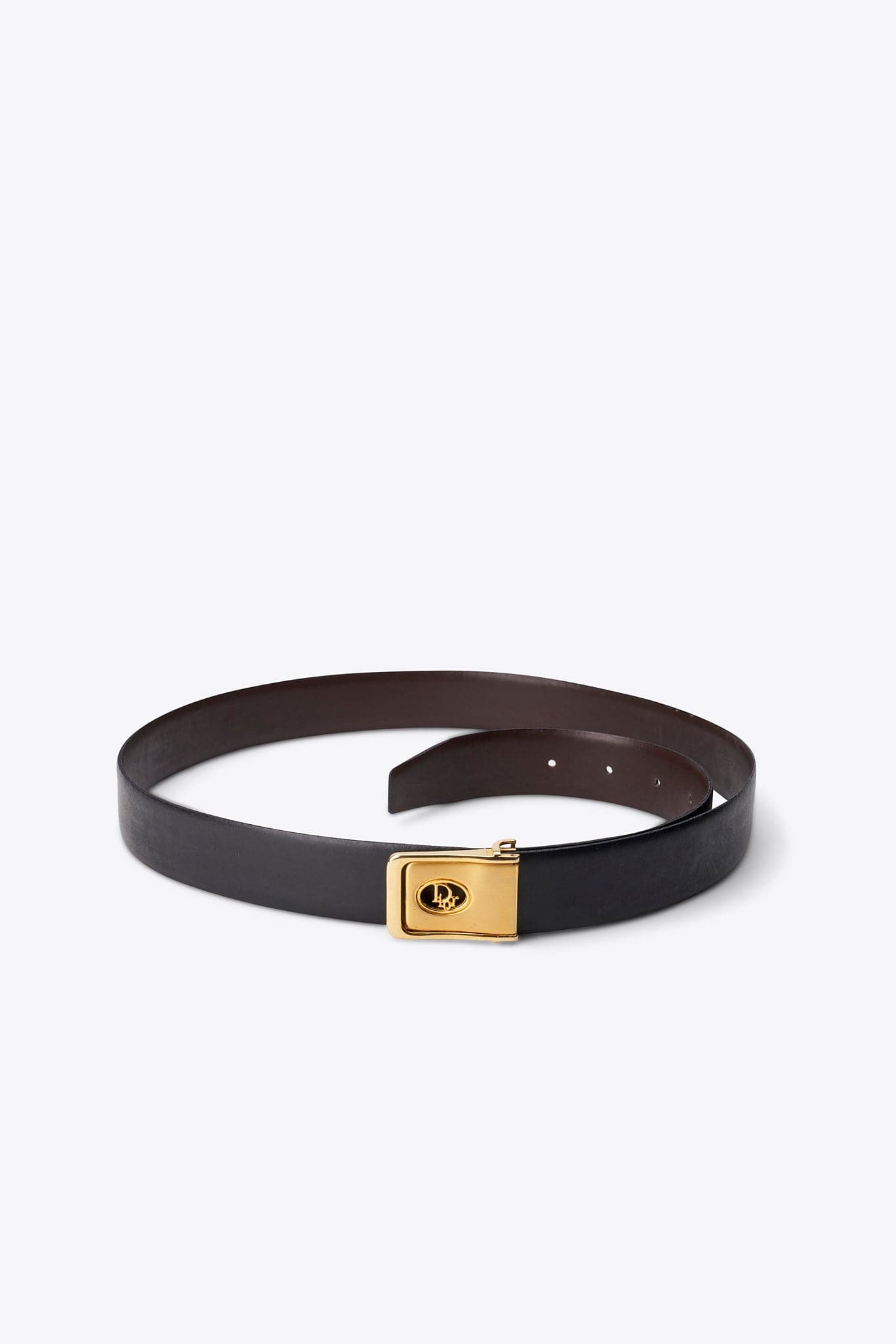 Cintura vintage in pelle nera Christian Dior con fibbia Dior dorata