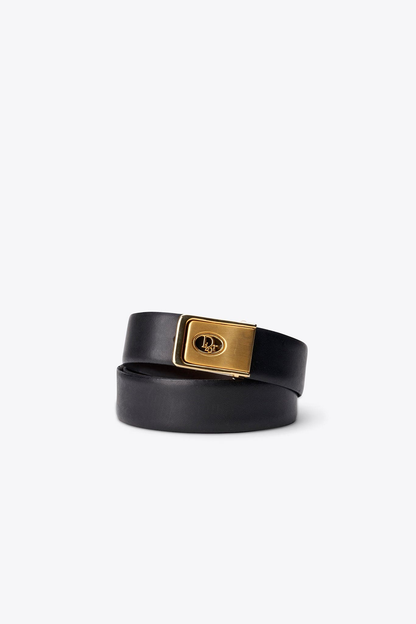Cintura vintage in pelle nera Christian Dior con fibbia Dior dorata