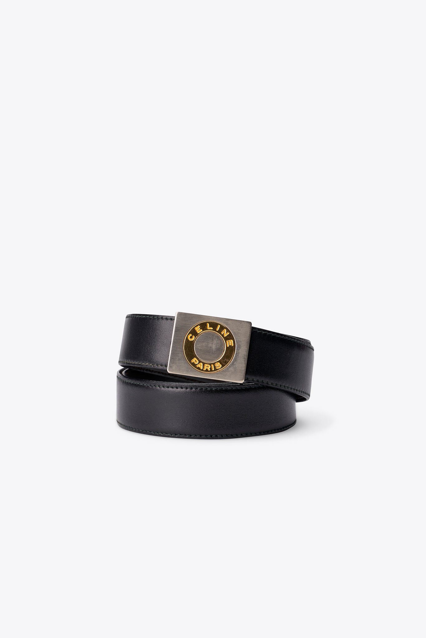 Vintage CELINE Black Leather Belt with CELINE PARIS Medallion Buckle
