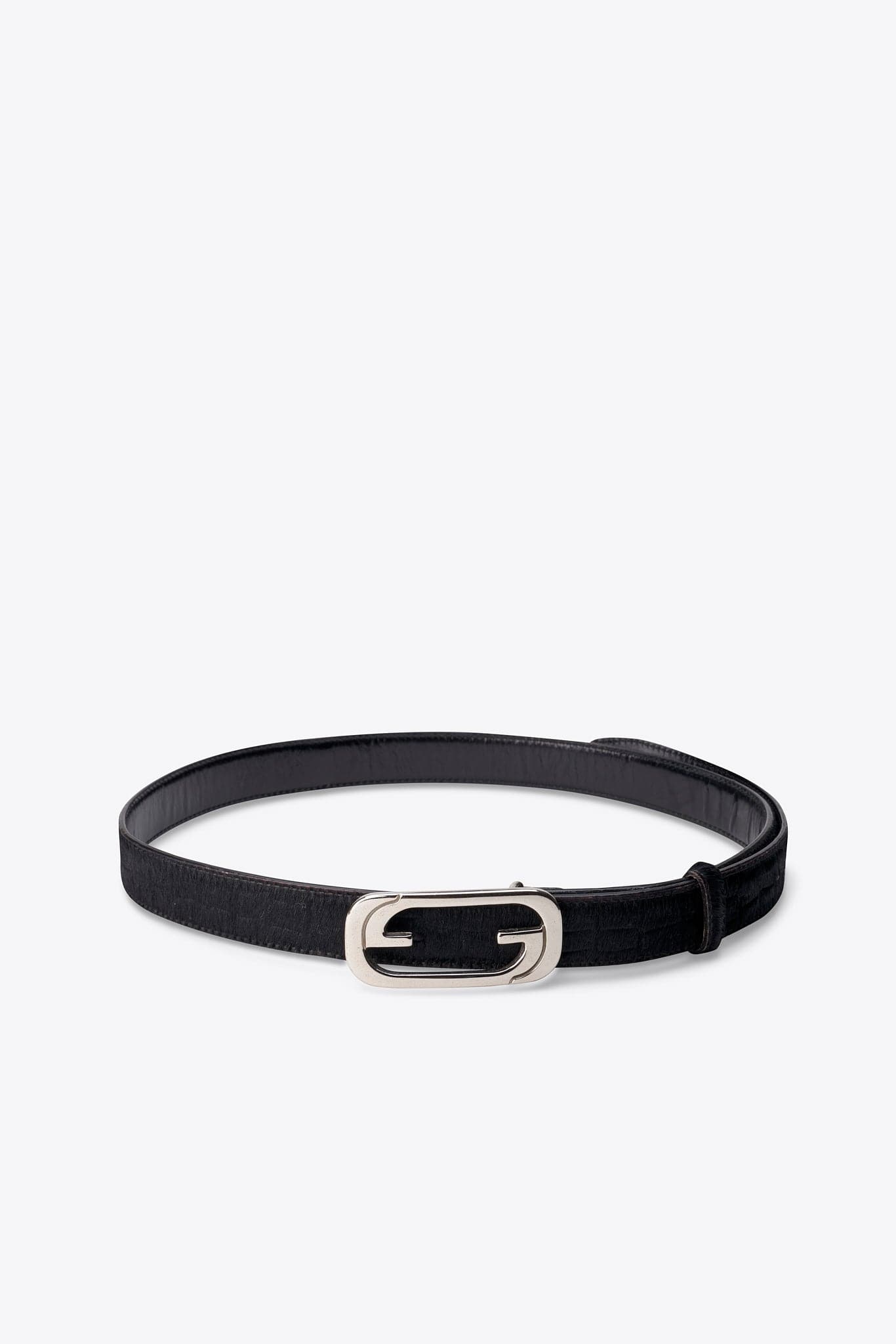 Vintage Gucci Black Calf Hair Belt with Silver G Buckle