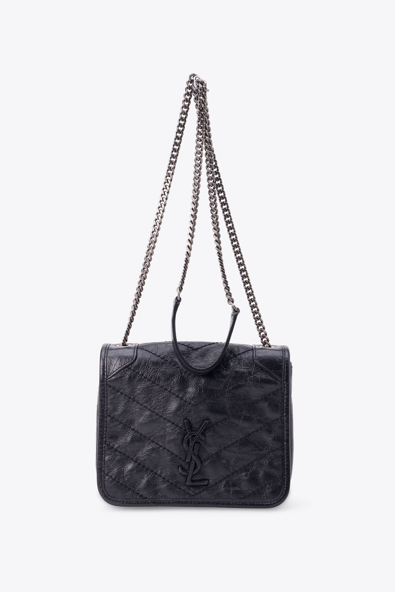 Saint Laurent Niki Medium Chain Bag in Crinkled Black Leather