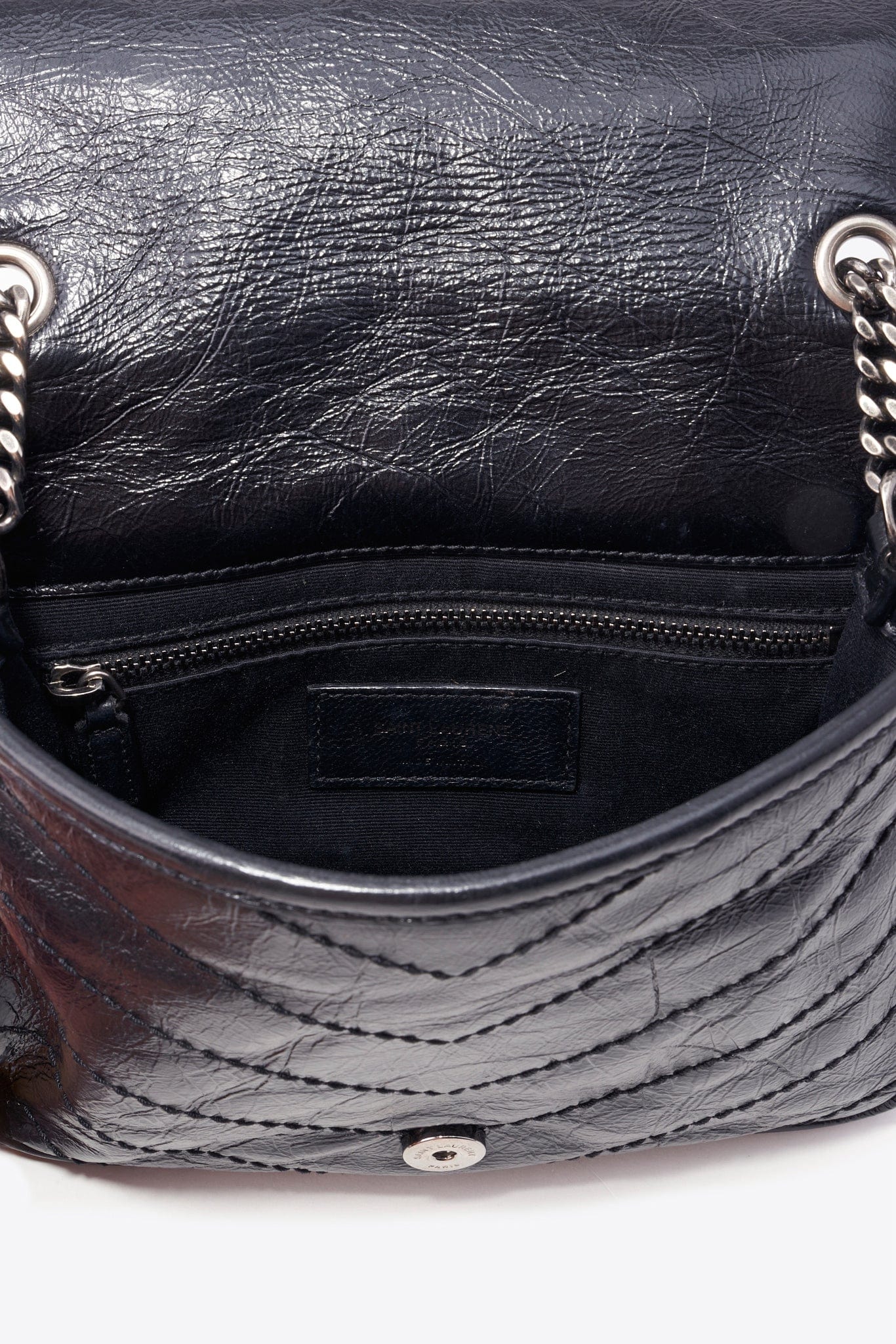 Saint Laurent Niki Medium Chain Bag in Crinkled Black Leather