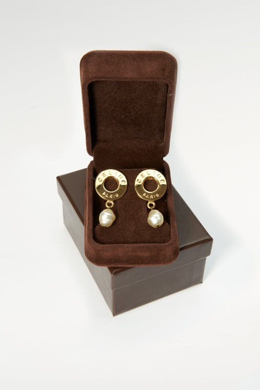 Vintage Gold Celine faux Pearl Earrings