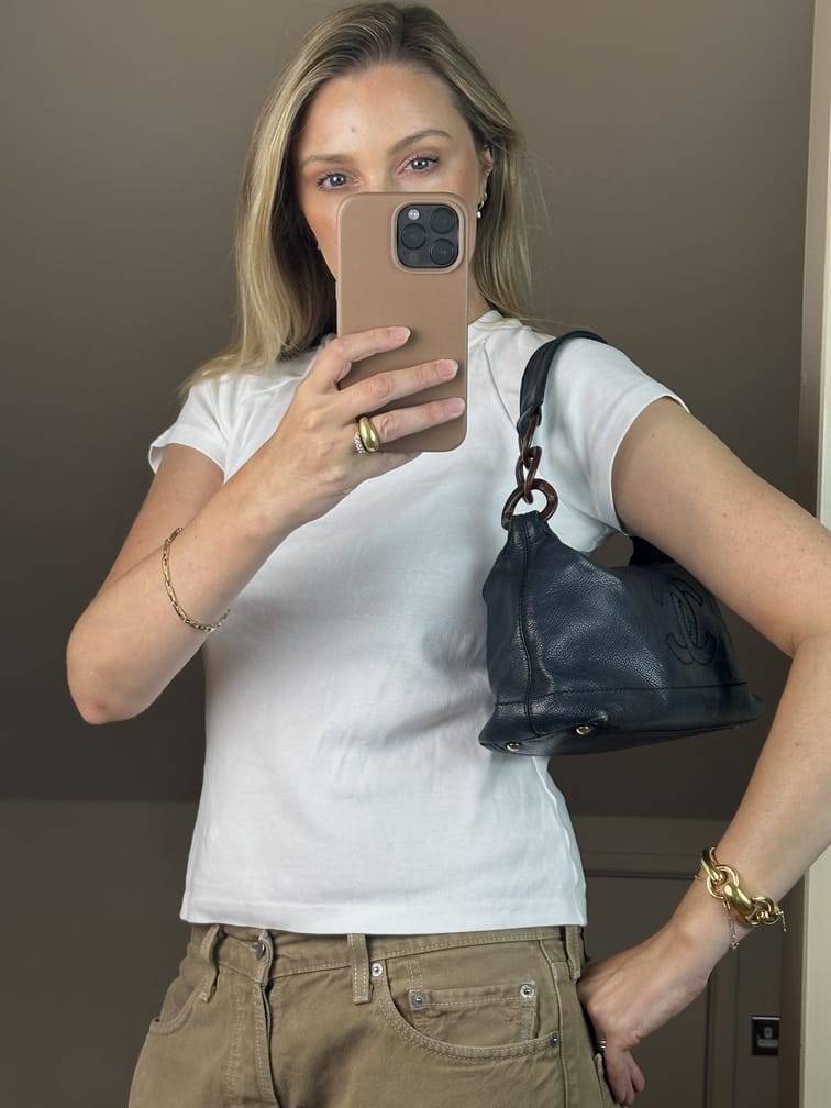 Vintage Chanel Black Caviar Leather Shoulder Bag with Wood Effect Chain