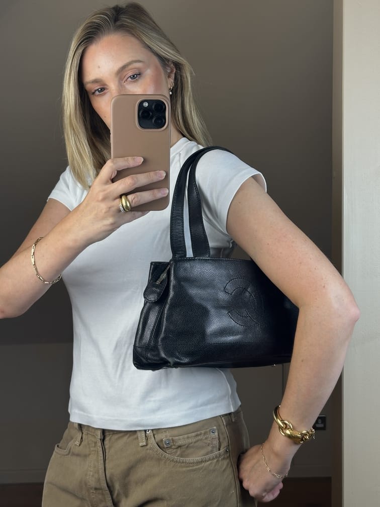 Vintage Chanel Caviar Leather Shoulder Bag with Wood Effect Perspex Puller