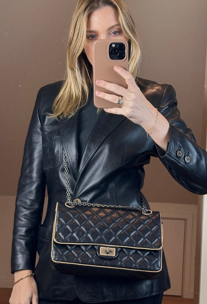 Vintage Chanel Reissue Black Leather Bag With Beige Piping