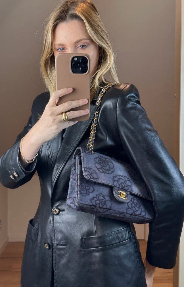 Vintage Chanel Denim Camellia Medium Classic Double Flap Bag With 24k Gold Plated Hardware