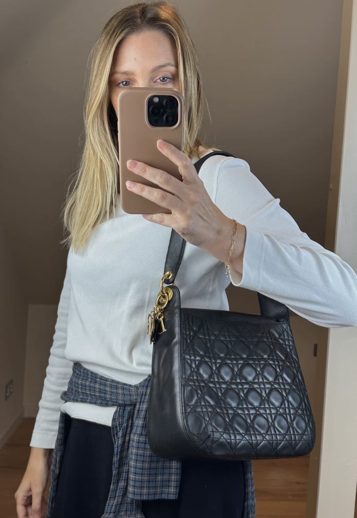 Vintage Dior Black Leather Cannage Shoulder Bag with Gold Dior Charms