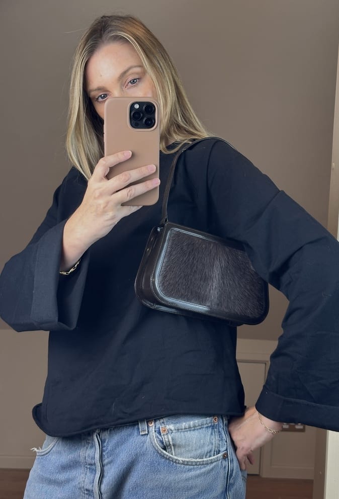 Vintage Celine Calf Hair Shoulder Bag With Brown Leather Trim