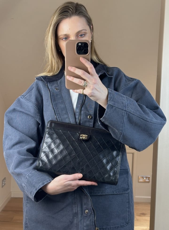 Vintage Chanel Black Leather Clutch Bag With Gold Hardware