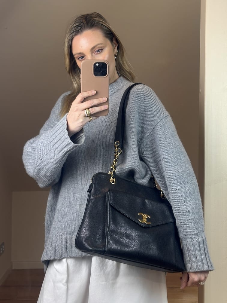Vintage Chanel Black Caviar Leather CC Tote Bag with 24k Gold Plated Hardware