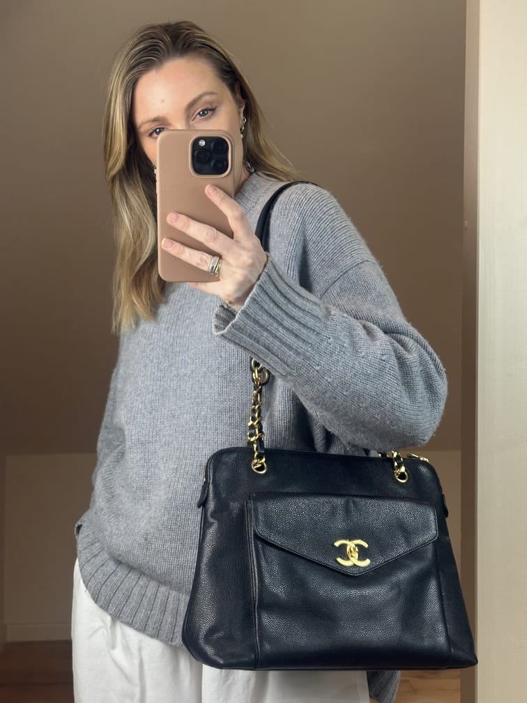 Vintage Chanel Black Caviar Leather CC Tote Bag with 24k Gold Plated Hardware