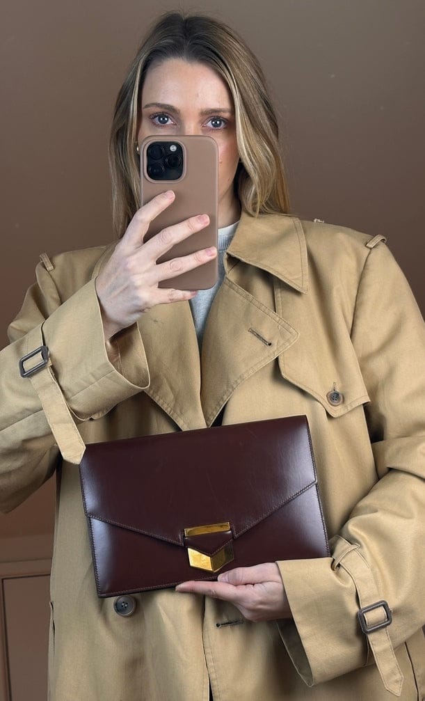 Vintage Hermès Faco Clutch Bag in Brown Box Leather with Gold Hardware