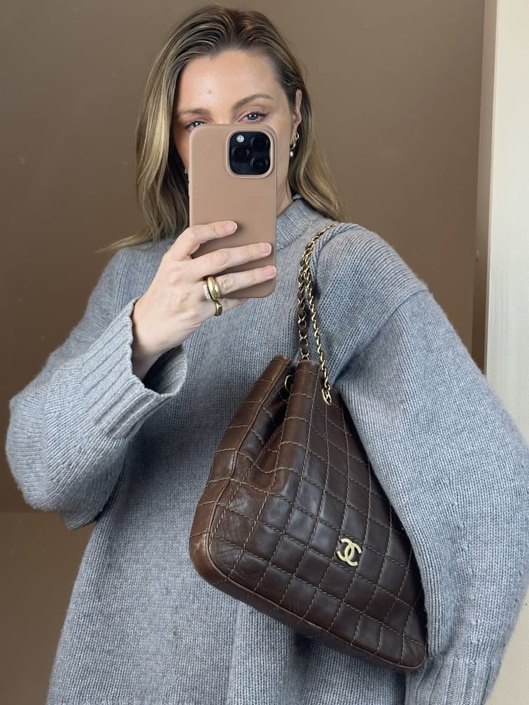 Vintage Chanel Brown Quilted Leather Shoulder Tote Bag