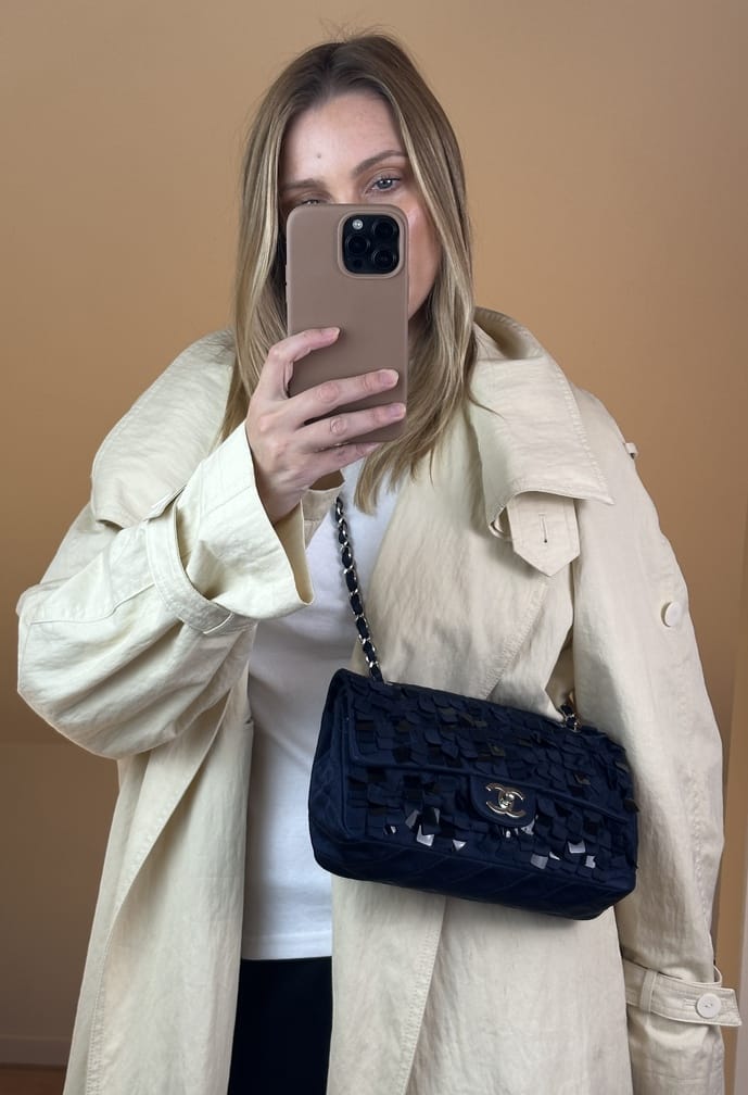 Vintage Chanel Navy Silk Sequin Double Flap Bag