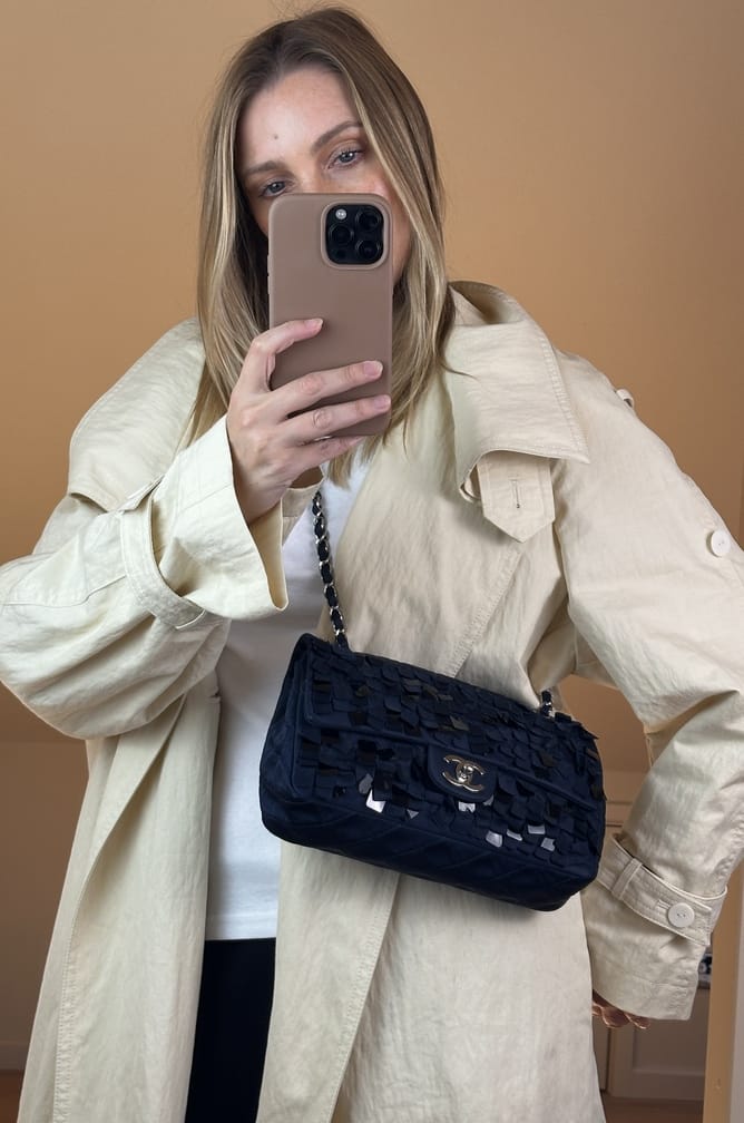 Vintage Chanel Navy Silk Sequin Double Flap Bag