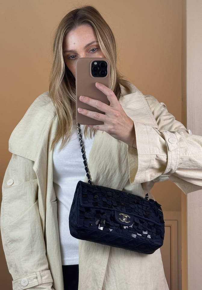 Vintage Chanel Navy Silk Sequin Double Flap Bag